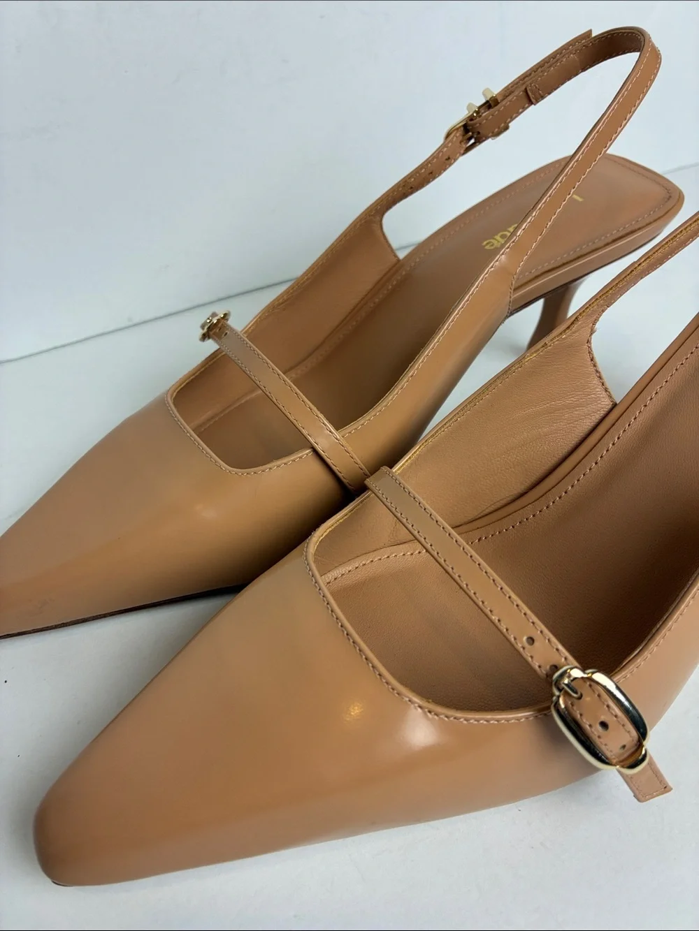 Larroude Ines Pump In Tan Leather Size 7 Office Elevated Basic Slingback Buckle